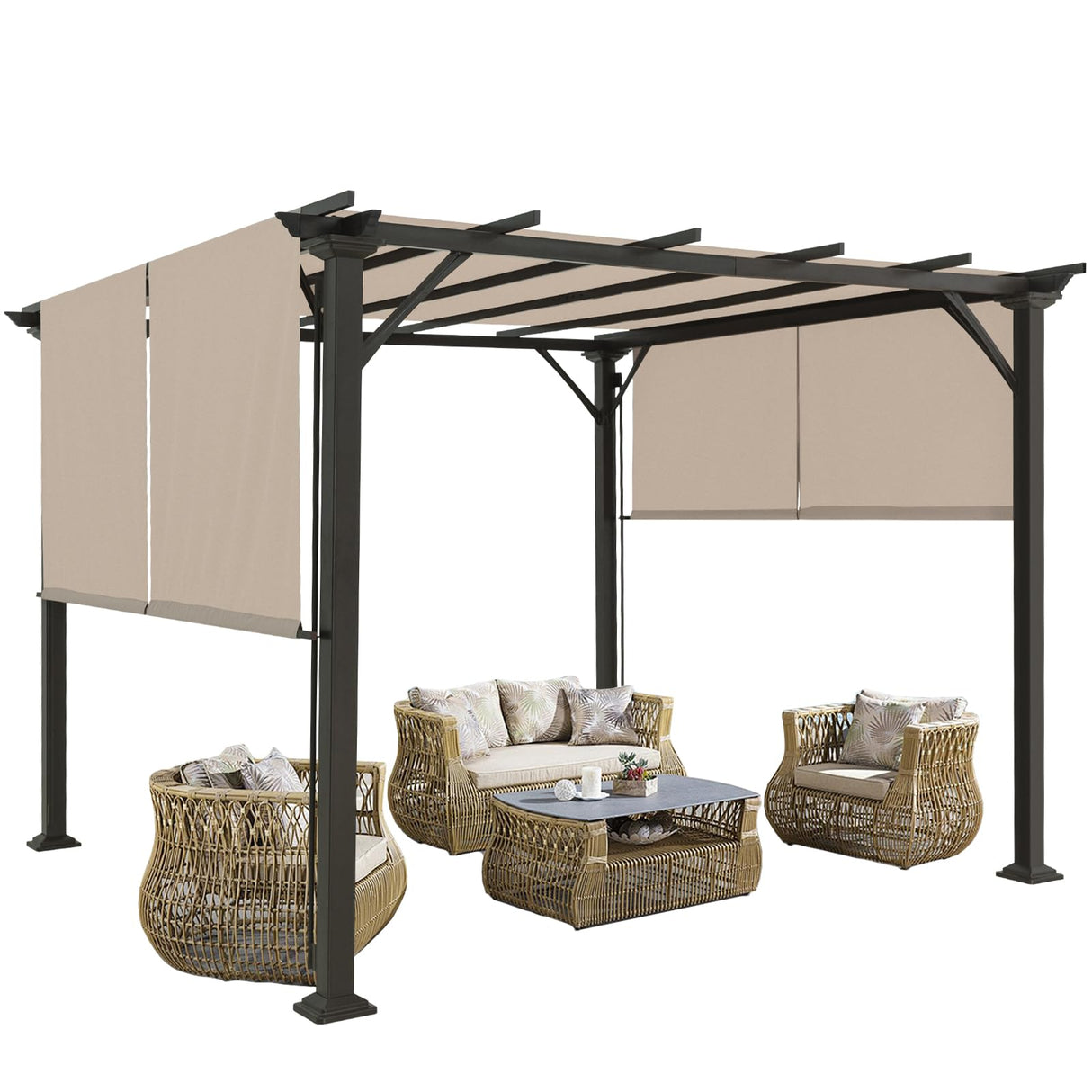 COOS BAY Outdoor Patio Pergola 10x10 ft with Retractable Sun Shade Canopy Top, Metal Frame Gazebo Sun Shade for Backyard, Deck, Garden and Poolside, Beige COOS BAY