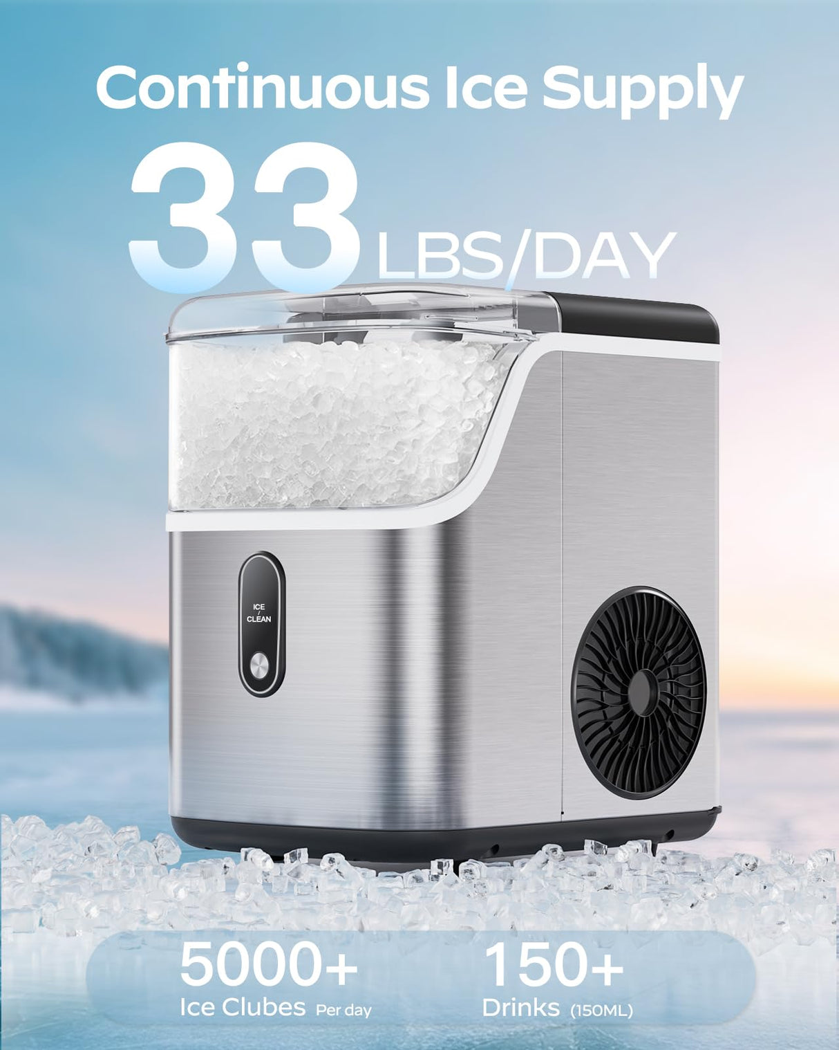 Nugget Ice Maker Countertop, HOMEZAY Pebble Ice Maker with Soft Chewable Pellet Ice, 33 lbs per Day, Compact Ice Machine with Self-Cleaning & LED Indicator for Home, Kitchen, Camping, RV, Office HOMEZAY