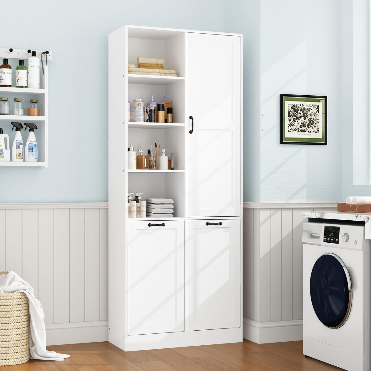 ROMSHINE Double Tilt Out Laundry Hamper, Hidden Laundry Hamper Cabinet with Adjustable Shelves & 2 Tilt Out Trash Cabinets (14 Gallon Each) for Bathroom Kitchen, White 1 Door ROMSHINE