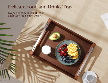 Dofira Acacia Wood Serving Tray with Metal Handles, 17x13in Food Drinks Tray for Coffee Table, Breakfast, Dinner & Bar, Rustic Decorative Storage Tray for Ottoman, Kitchen, Bedroom (Gift Packaging) Dofira
