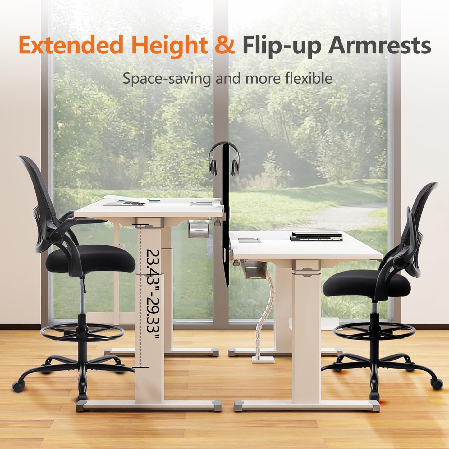 Sweetcrispy Tall Drafting Desk Chair - Ergonomic High Stool Computer with Adjustable Height and Comfy Lumbar Support, Office Rolling Counter for Standing Desk with Flip-up Arm and Footrest, Black