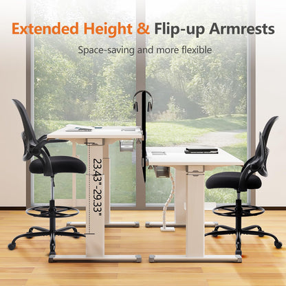 Sweetcrispy Tall Drafting Desk Chair - Ergonomic High Stool Computer with Adjustable Height and Comfy Lumbar Support, Office Rolling Counter for Standing Desk with Flip-up Arm and Footrest, Black