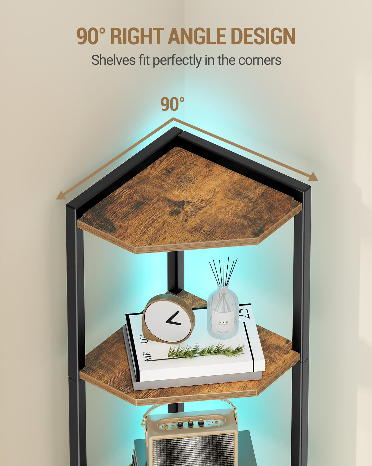 Hzuaneri Corner Shelf with LED Light, 5-Tier Corner Bookshelf, Tall Narrow Display Bookcase with Metal Frame, Standing Shelf for Small Space, Living Room, Home Office, Bedroom, Rustic Brown CS66501B Hzuaneri