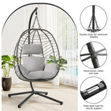 ONBRILL Hanging Egg Chair with Stand, Outdoor Indoor Egg Swing Chair with Cushion Headrest, Rattan Wicker Egg Chair with Dual Chains, 350LBS Capacity for Patio, Porch, Balcony, Bedroom (Light Gray) ONBRILL