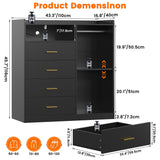 Bigbiglife Dresser with Clothes Rack for Bedroom Wood, 4 Drawer Dresser White with LED Lights and Power Outlet, 15.7" D x 43.3" W x 45.7" H, Tall Storage Chest of Drawers with Flexible Shelf,Black Bigbiglife