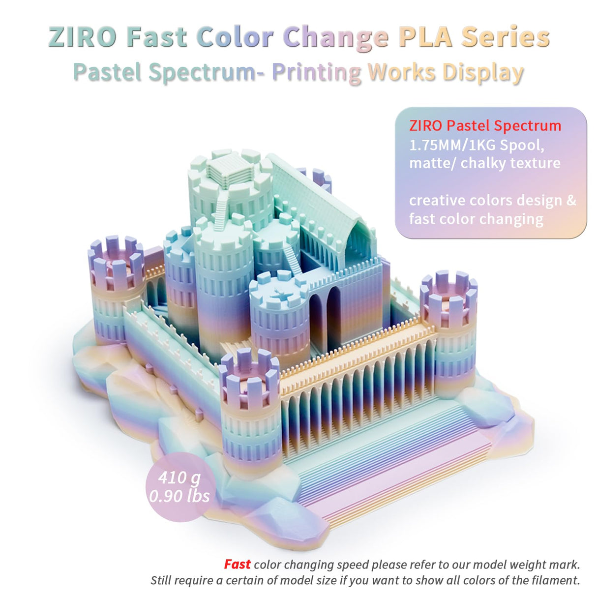 ZIRO PLA Filament 1.75mm, Matte Multicolor 3D Printer Filament, Color Gradient Change PLA, Fast Color Change by Length, Fit Most FDM Printers, Dimensional Accuracy +/-0.03mm,1KG Pastel Spectrum ZIRO