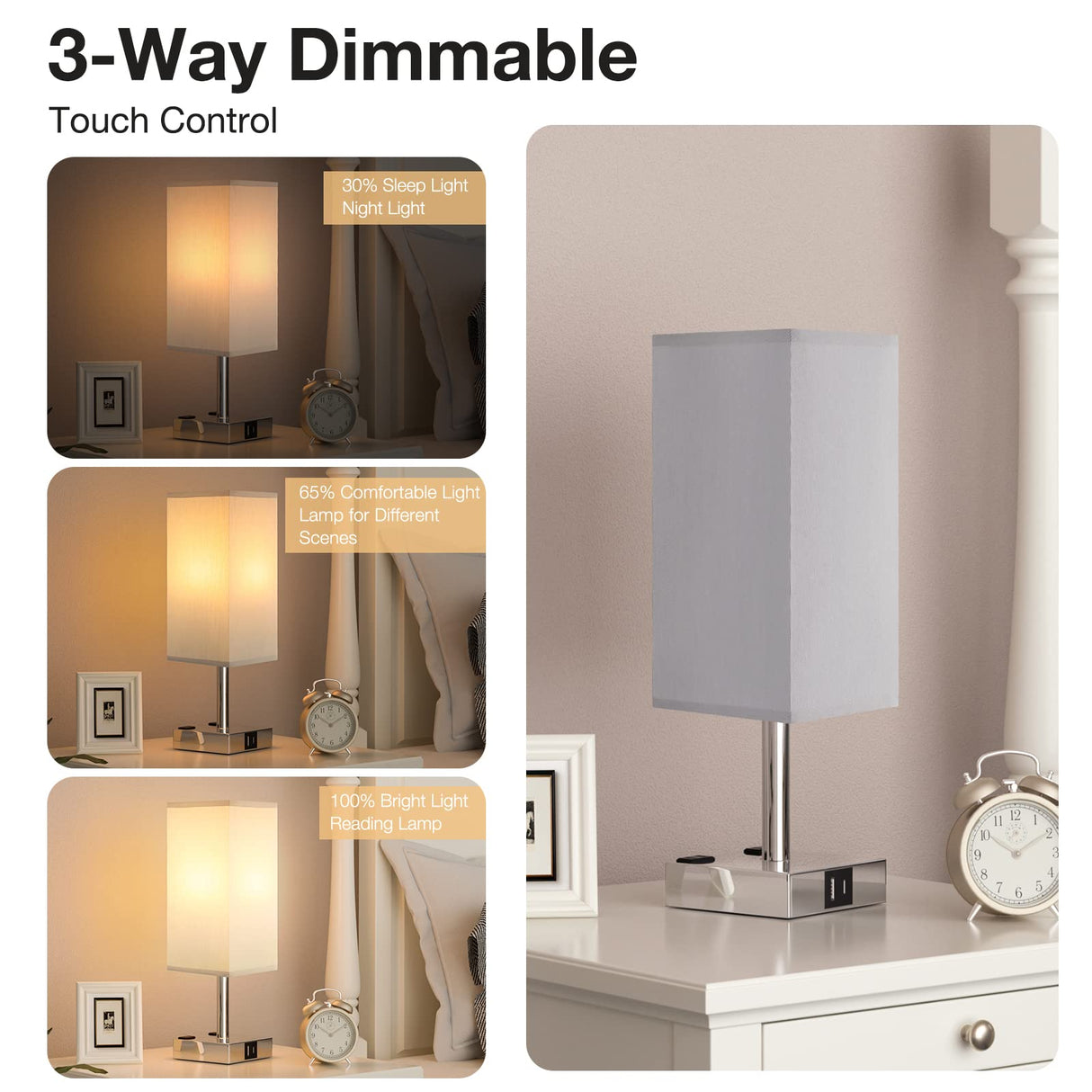 【Upgraded】Bedside Table Lamp Touch Control, with USB C+A Charging Ports & Dual AC Outlets, 3-Way Nightstand Lamp for Bedroom with LampShade Living Room Office(LED Dimmable Bulb Included) aooshine