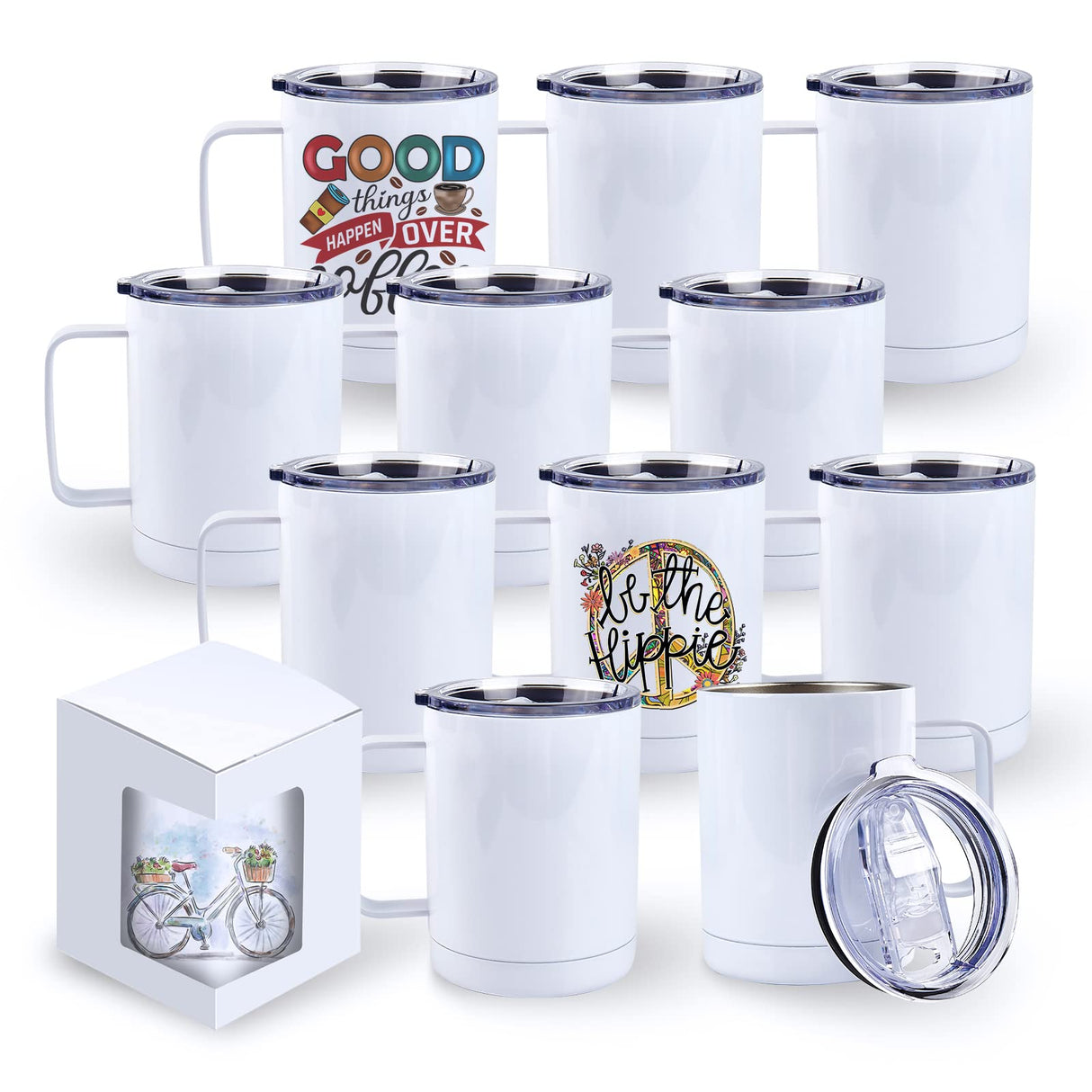 BetterSub 12oz Sublimation Tumbler Mugs with Handle and Sliding Lid, Display Box, Stainless Steel Coffee Camping Mugs Double Wall Vacuum Insulation Sublimation Blank, 12 Packs White BetterSub