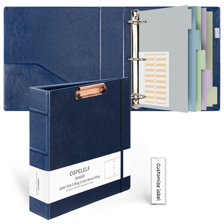 Ospelelf 3 Ring Binder with Clipboard 2 Inch Vintage Leather Binder Organizer for Letter Size (8.5" x 11"), Professional Clipboard Binder Dividers with 5 Tabs, Dark Blue Ospelelf