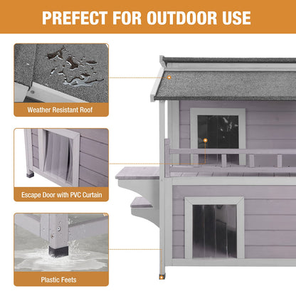 Outdoor Feral Cat House, Wood Cat Shelter with Escape Door, Rainproof Outside Kitty House with Balcony (#AIR33-M) - WoodArtSupply