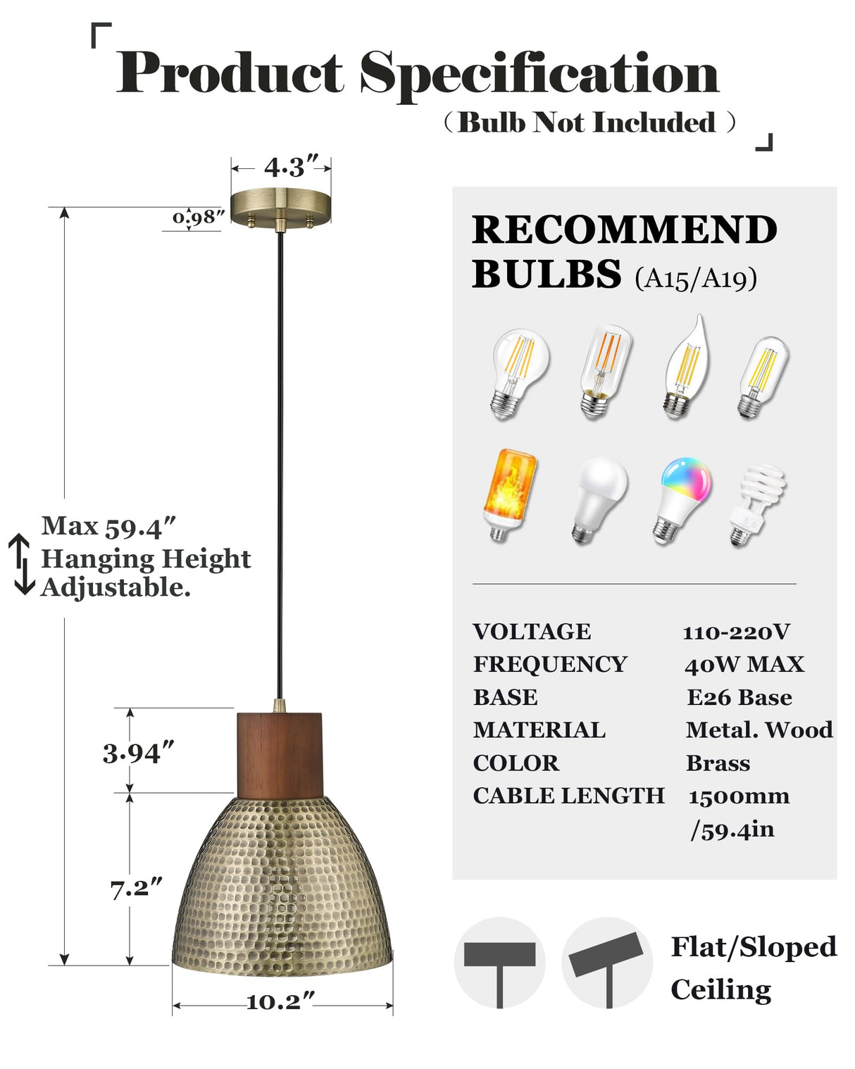 ELYONA Vintage Hammered Pendant Light Fixtures, 10.2” Industrial Metal Hanging Bar Lamp, Solid Wood Antique Gold Adjustable Pendant Light for Kitchen Island, Farmhouse, Dining Room, Brushed Brass ELYONA