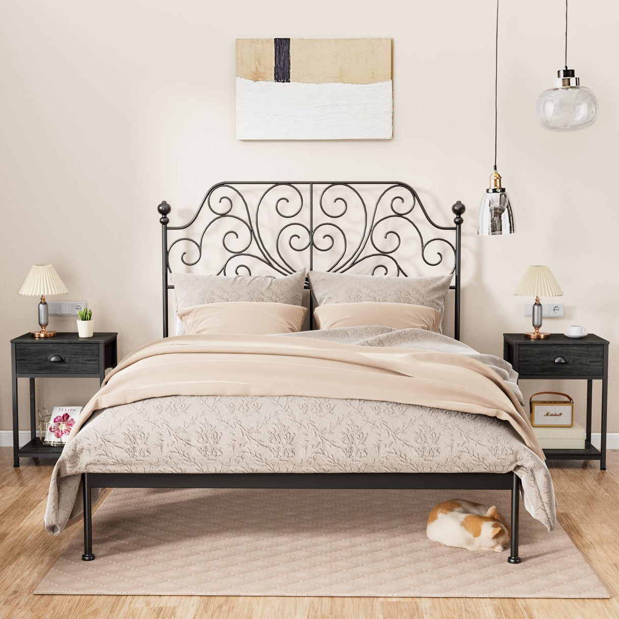 Furologee Nightstand with Fabric Drawer & Storage Shelf, Small Bedside Table Organizer for Small Space, 2 Tiers Industrial End Table, Side Table for Living Room, Bedroom, Black Oak Furologee