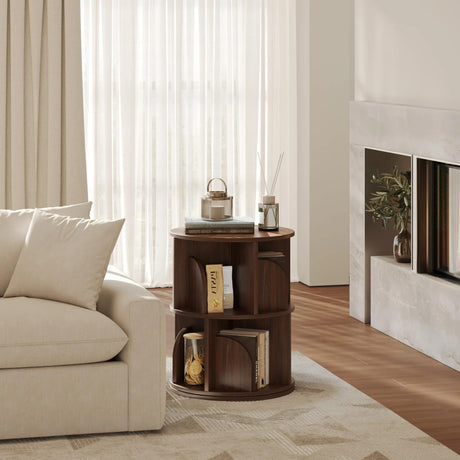 YOWOS Rotating Bookshelf, Small Corner Bookshelf for Small Space, 360 Display Floor Standing Bookcase Storage Rack, Wood Narrow Book Shelf Organizer for Bedroom, Living Room (Walnut, 2 Tiers) YOWOS