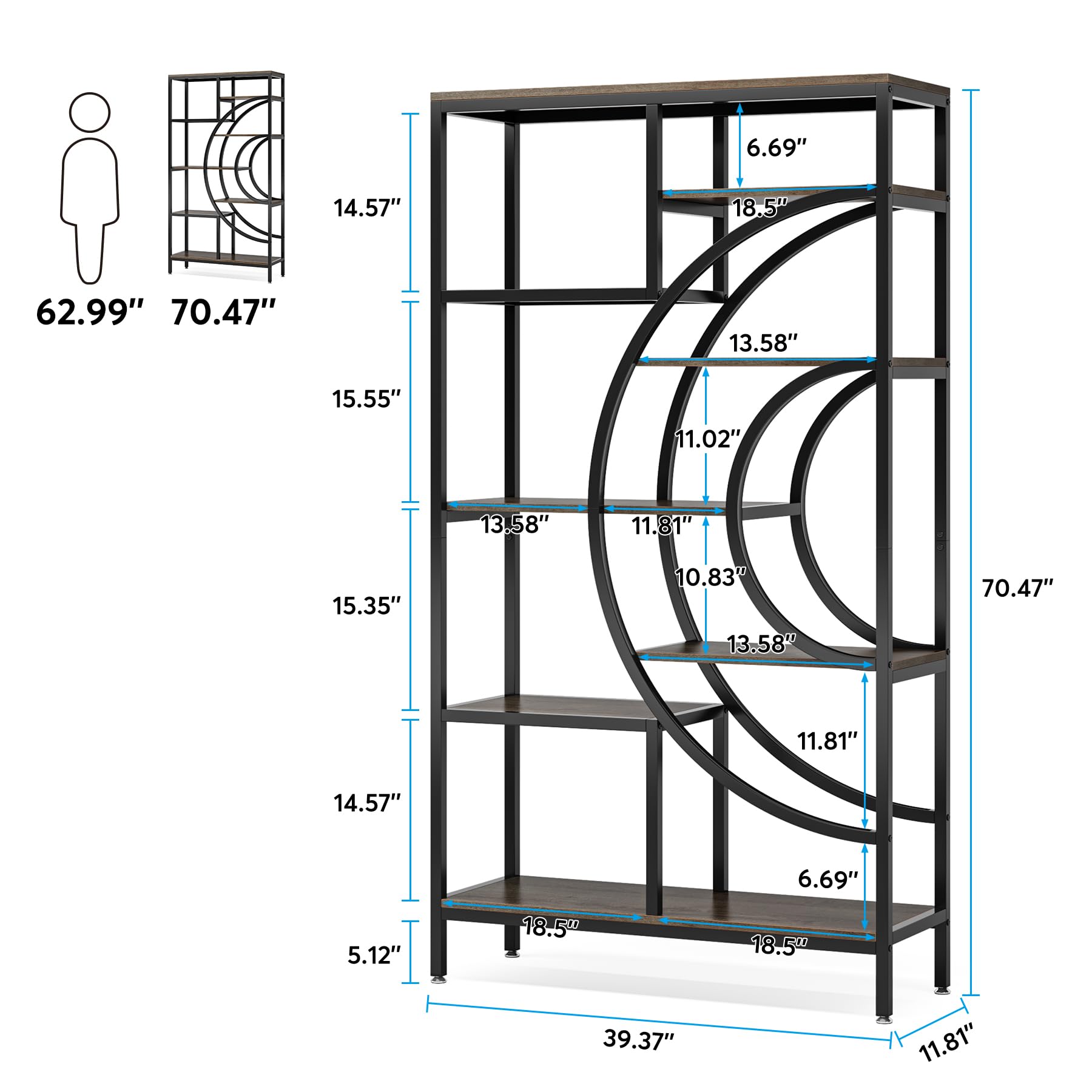 Tribesigns 71-Inch Geometric Industrial Bookcase with 8 Tiers and Metal Frame for Elegant Open Storage - WoodArtSupply