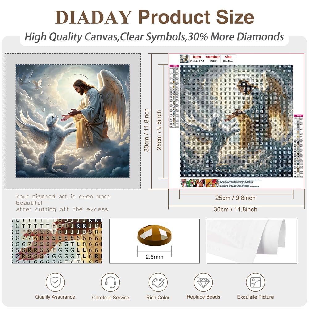 DIADAY 5D Dog Diamond Painting Kits, Angel Dog Diamond Art Kits for Adults, DIY Craft Full Drill Round Gem Diamond Dots Art Home Wall Decor Gift 12 x 12 Inches DIADAY