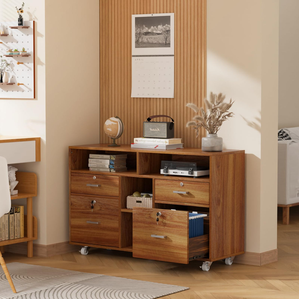 VINGLI Wide 4 Drawer File Cabinet with Lock, Wood Lateral File Cabinet with Open Shelves, Lockable Rolling File Cabinets for Home Office, Walnut File Cabinet Printer Stand, Letter Sized VINGLI