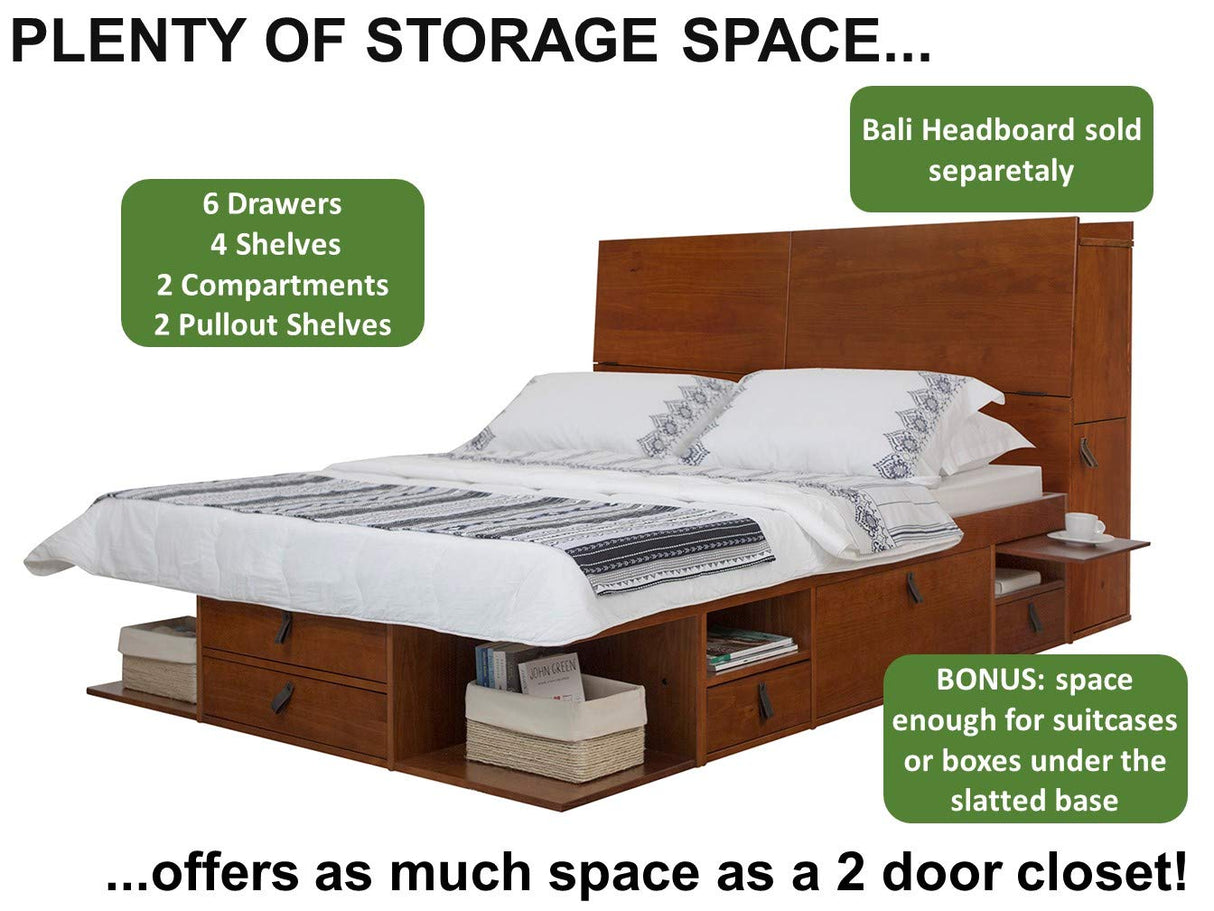 Bali Storage Platform Bed with Drawers - Queen Size in Caramel Brown Wood memomad