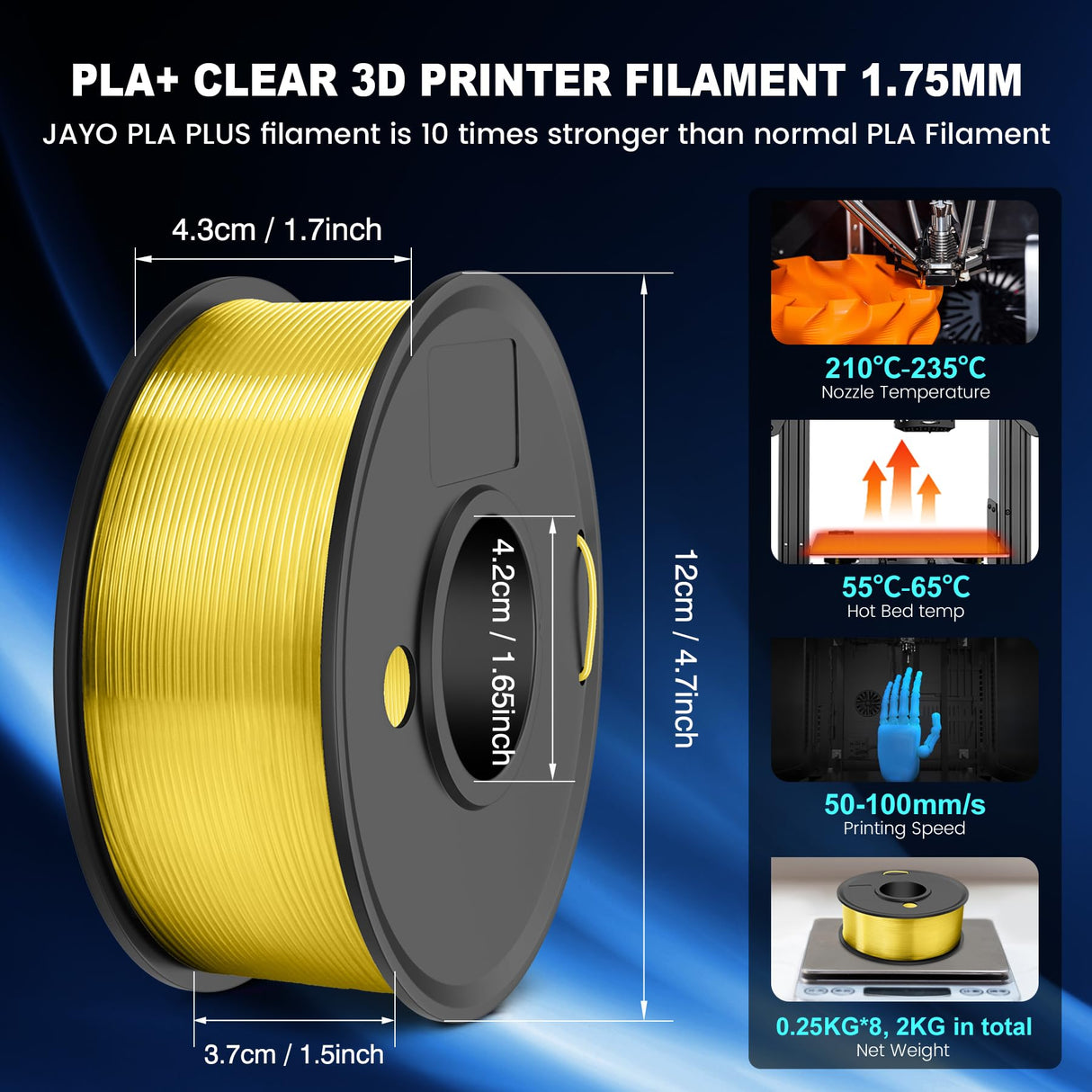JAYO PLA+ Filament Bundle 1.75mm, 3D Printer Filament Bundle Multicolor, Individually Vacuum Packed, 250g Spool, 8 Pack, 2KG in Total, Black+White+Transparent+Clear(Blue+Red+Orange+Yellow+Purple) JAYO