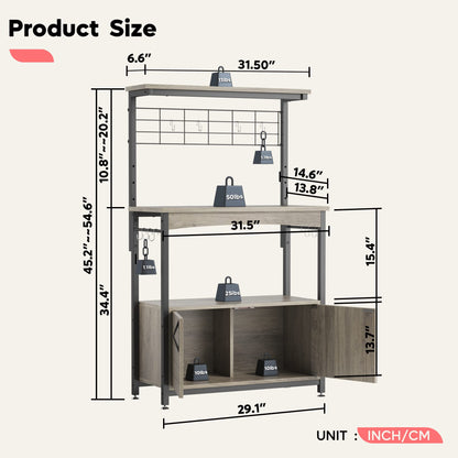 Bestier Adjustable Height Microwave Stand with Storage Cabinet and Wheels - Industrial Coffee Bar Shelf in Grey Wash