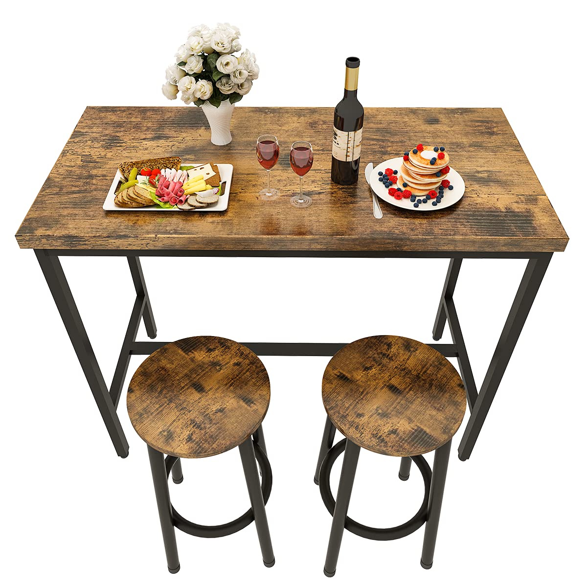 Recaceik 3 Piece Rustic Brown Pub Dining Set with Bar Table and Stools for Small Spaces - WoodArtSupply