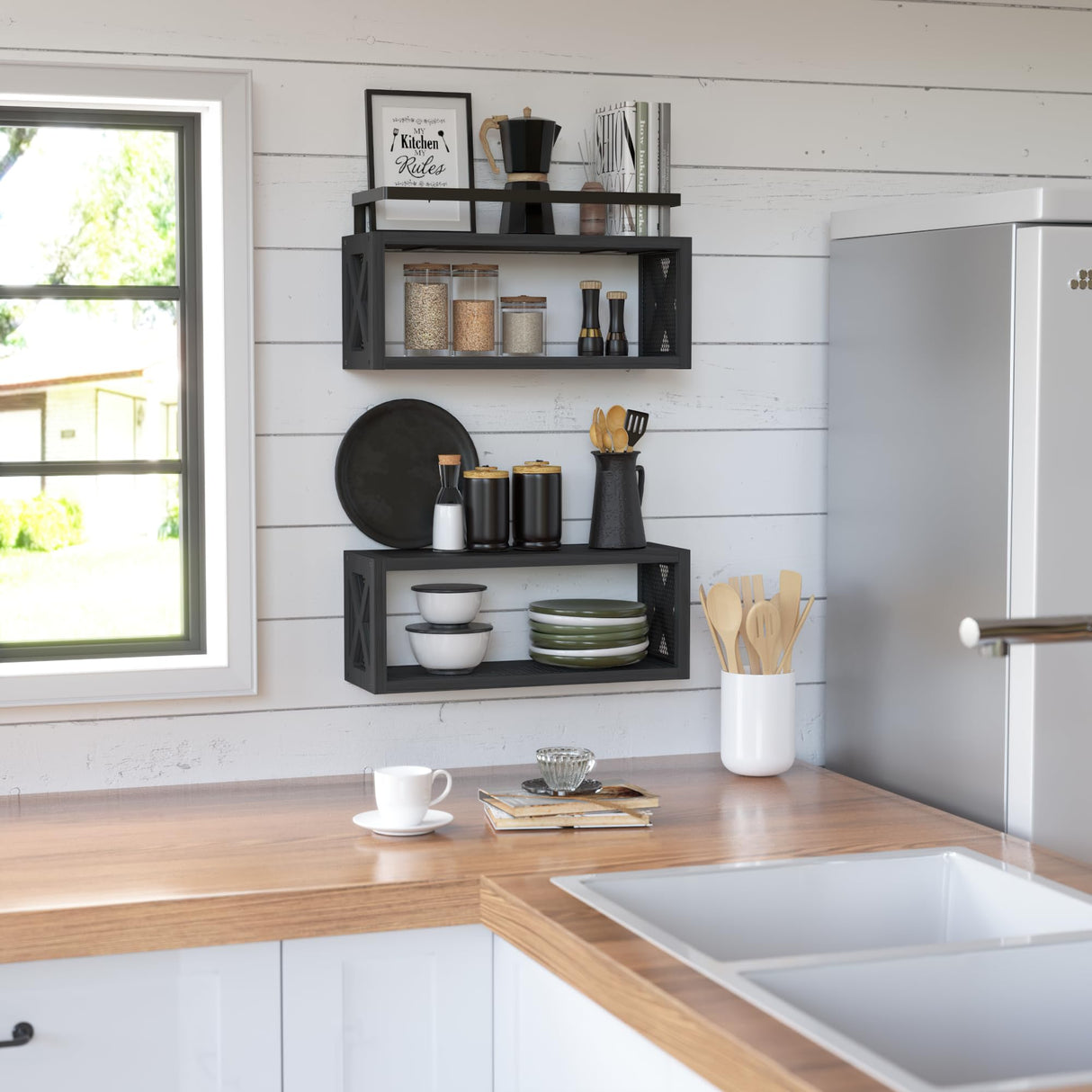 RICHER HOUSE Floating Shelves with Guardrail, Rustic Wood Shelves for Wall Décor, Farmhouse Bathroom Accessories Wall Mounted, Bathroom Wall Organizer over Toilet Storage, Kitchen, Living Room - Black RICHER HOUSE