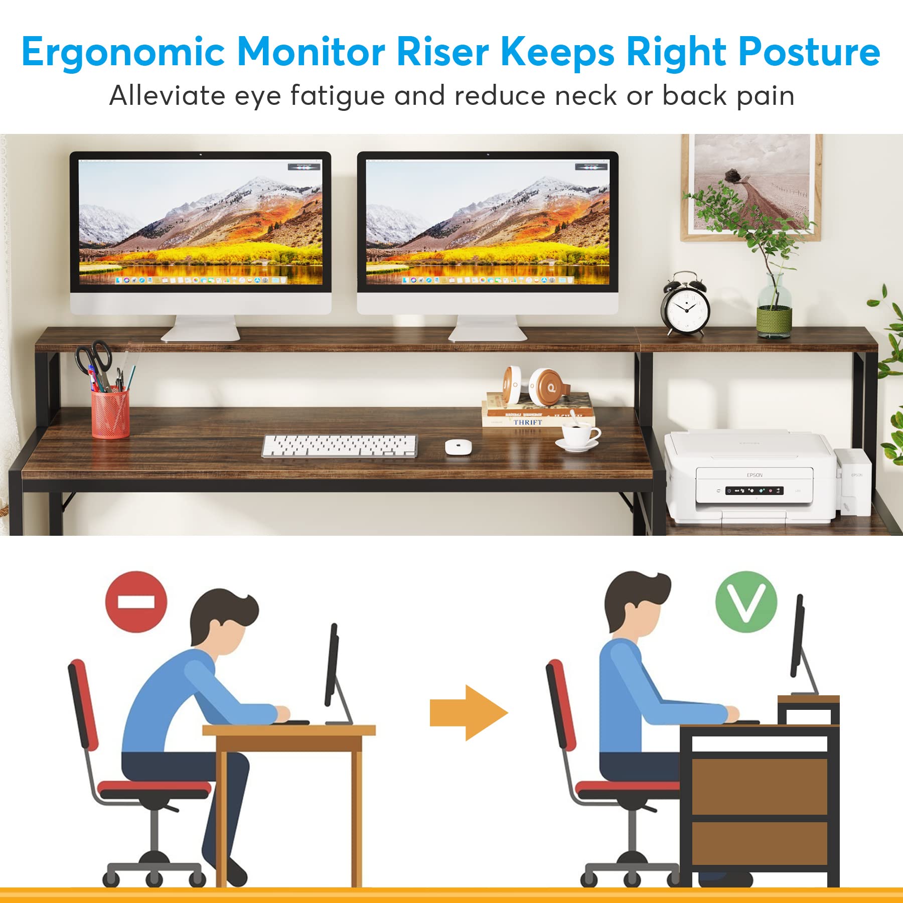 Tribesigns 63 Inch Computer Desk with File Drawer Cabinet, Ergonomic Office Desk with Monitor Stand, Industrial Computer Table with Printer Space, Wood PC Table Workstation Desk for Home Offi - WoodArtSupply