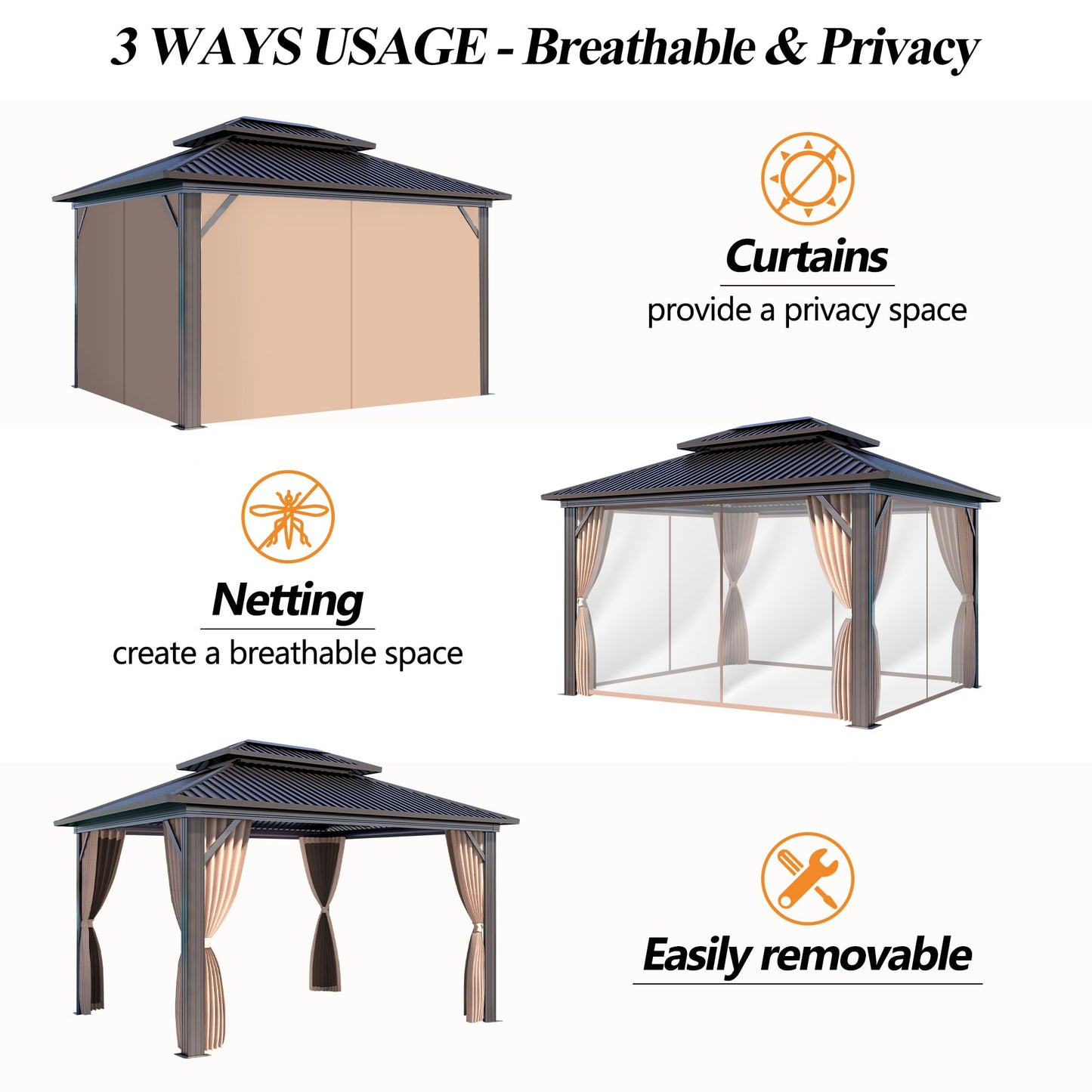 GARTOO 10x12FT Outdoor Hardtop Gazebo with Double Roof - Heavy-Duty Galvanized Steel Top Aluminum Frame Gazebo with Breathable Netting & Privacy Curtain for Patio, Porch, Garden, Lawn, Deck, Backyard