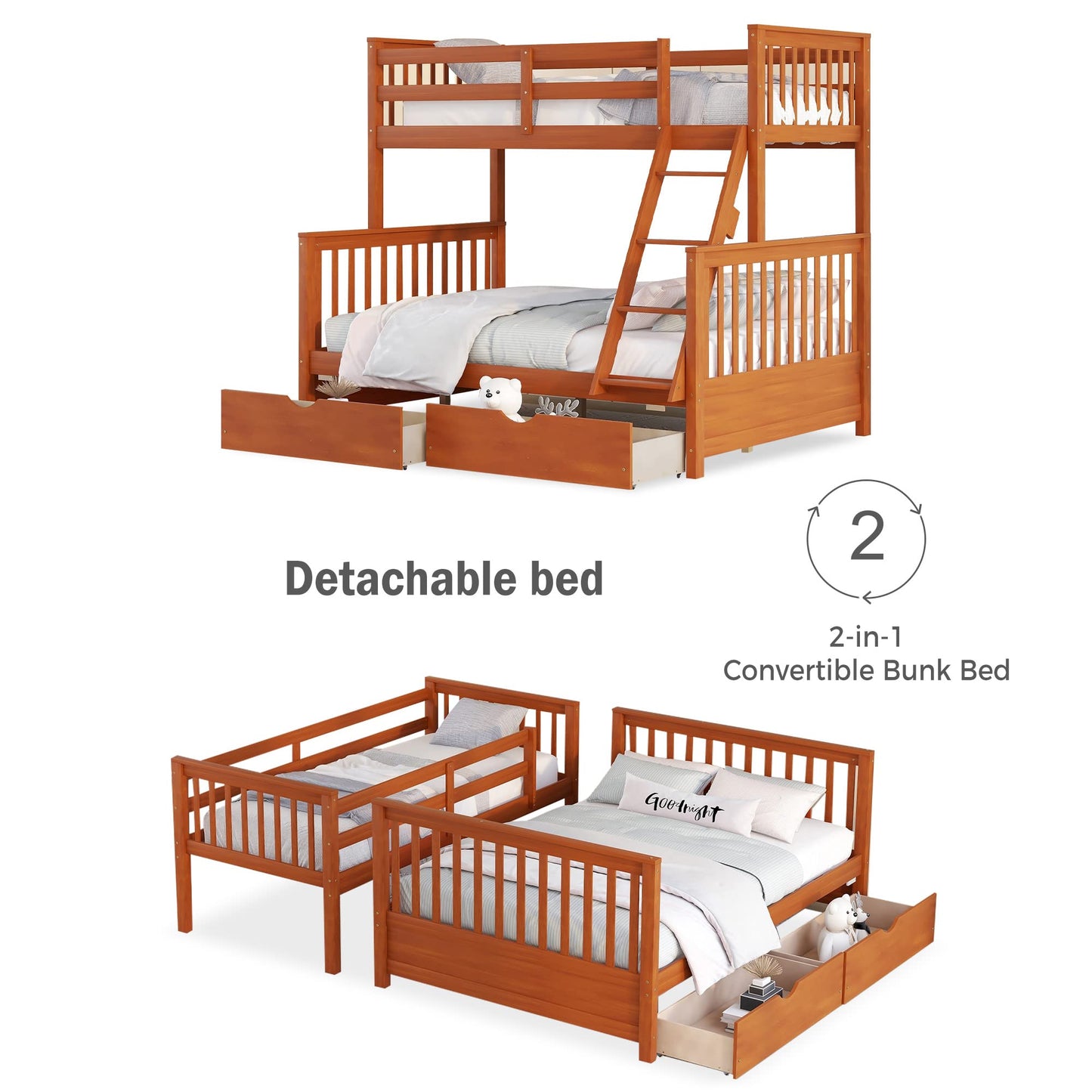 Merax Walnut Convertible Wood Bunk Bed Frame with Ladders and Storage Drawers - Twin Over Full Size - WoodArtSupply