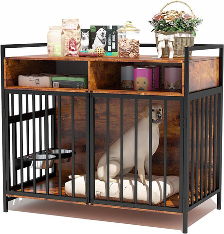 48" Large Dog Crate Furniture - Vintage Brown Wooden Kennel for Big Dogs, Heavy Duty Chew-Proof Cage with 360° & Adjustable Raised Feeder, Dual Use as End Table or TV Stand WAYTRIM