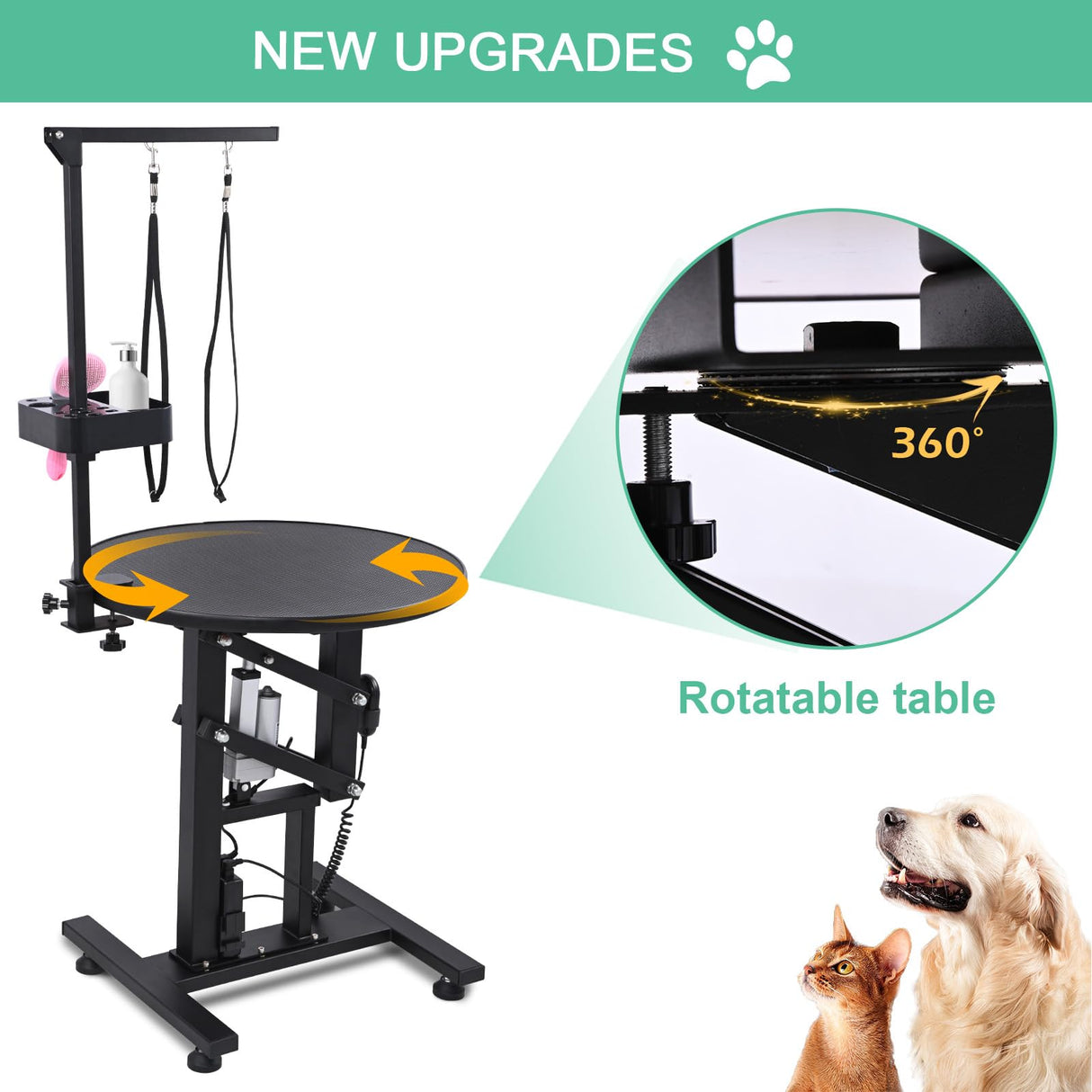 CIRONBOW 24" Electric Rotating Dog Grooming Table, Fast Lift Heavy Duty Dog Grooming Table Swivel 360° for Small Dogs with Anti Skid Tabletop, Grooming Set, Remote,Tool Organizer and Arms, Black CIRONBOW