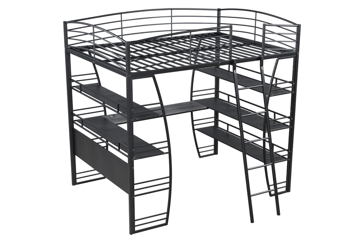 DNYN Full Size Loft Bed with Desk & Shelves & Sockets & USB Ports & Wireless Charging Design,Sturdy Metal Bedframe w/Ladder & Safety Guardrails,Perfect for Dorm,Bedroom,Guest Room, Black DNYN