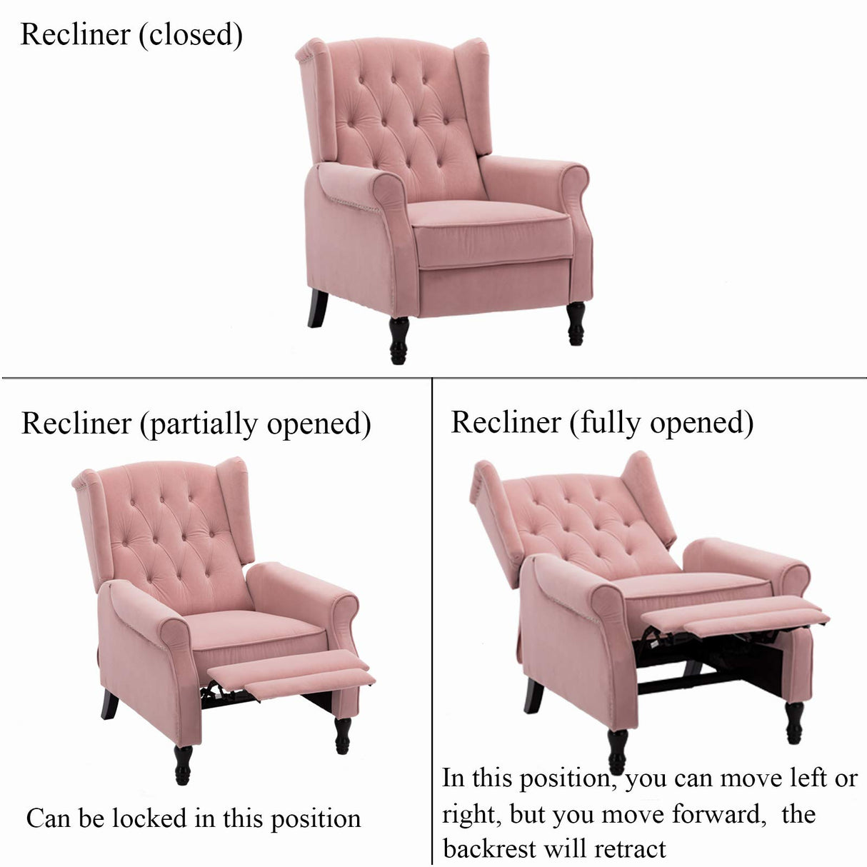 Artechworks Velvet Tufted Push Back Arm Accent Chair Recliner Single Reclining for Adjustable Club Chair Home Padded Seating Living Room Lounge Modern Sofa,Pink Artechworks