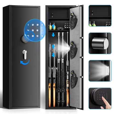 4-5 Gun Safes for Home Rifle and Pistols, Gun Safe with Electronic Password and Alarm Function,Gun Cabinets with 3 Pistol Bags and a Storage Box，Quick Access Safes with Removable Shelf for Shotguns Lnoauys