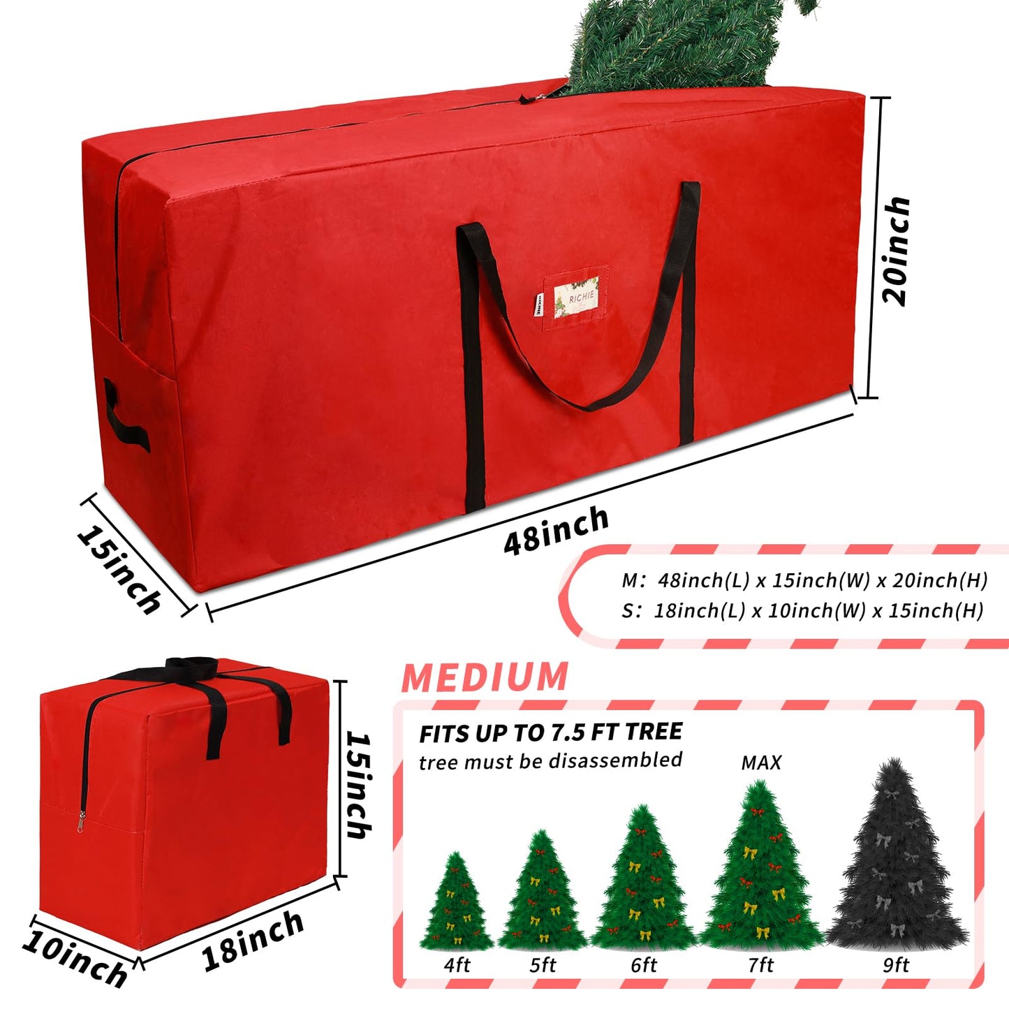 RICHIE Christmas Tree Storage Bag 7.5 ft (3pc Set), Fits Up to 7 Foot Artificial Trees, 600D Oxford Tear-proof Xmas Tree Bag, Reinforced Handles&Zippered&Durable, Holiday Decoration Storage Bags, Red