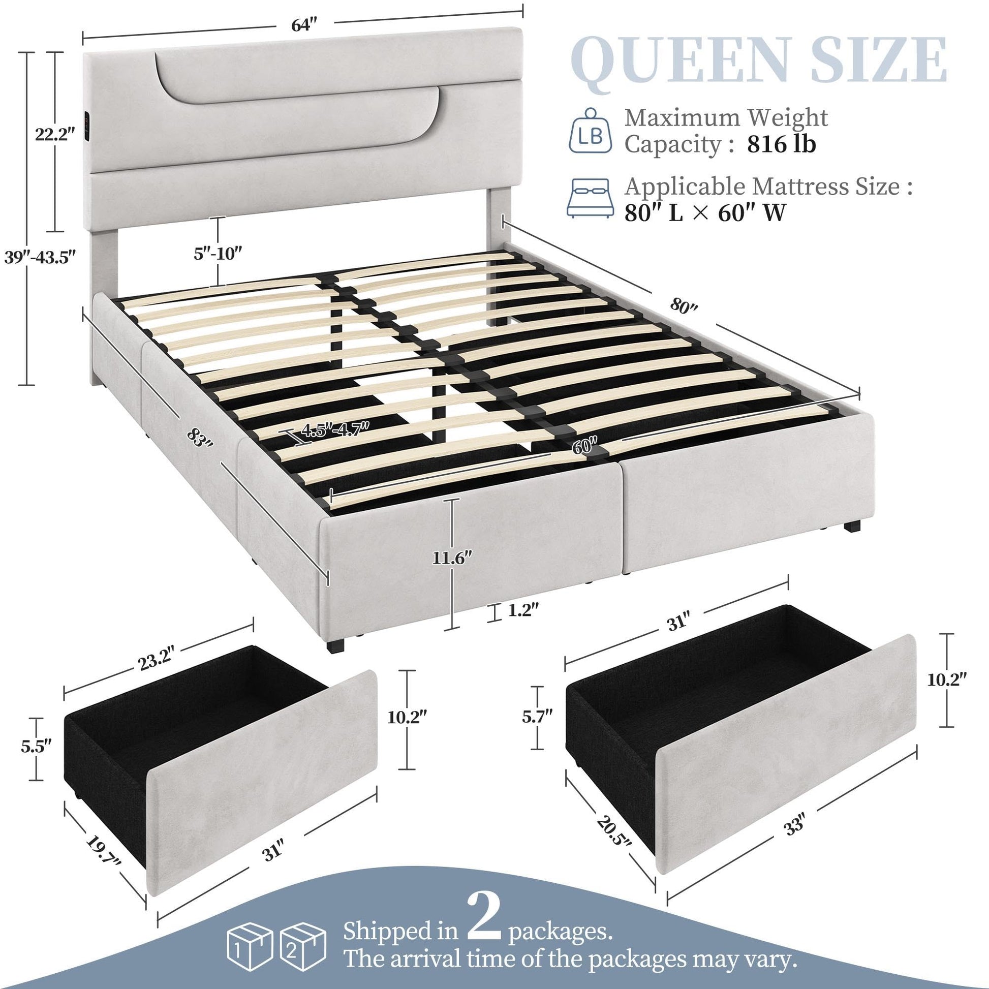 Yaheetech Beige Queen Upholstered Bed Frame with USB Charging, 4 Storage Drawers and Wooden Slats - WoodArtSupply