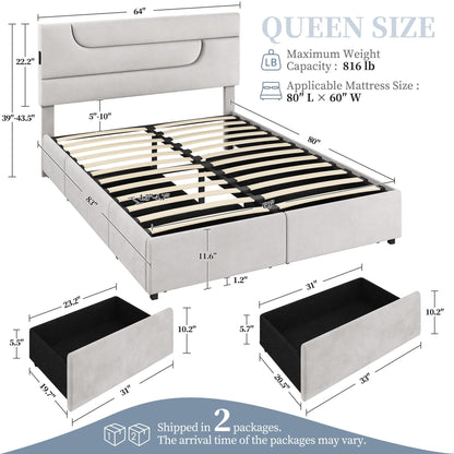 Yaheetech Beige Queen Upholstered Bed Frame with USB Charging, 4 Storage Drawers and Wooden Slats - WoodArtSupply