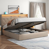Loomie Upholstered Queen Bed Frame with Lift-Up Storage, LED Lights & Charging Station in Beige Loomie