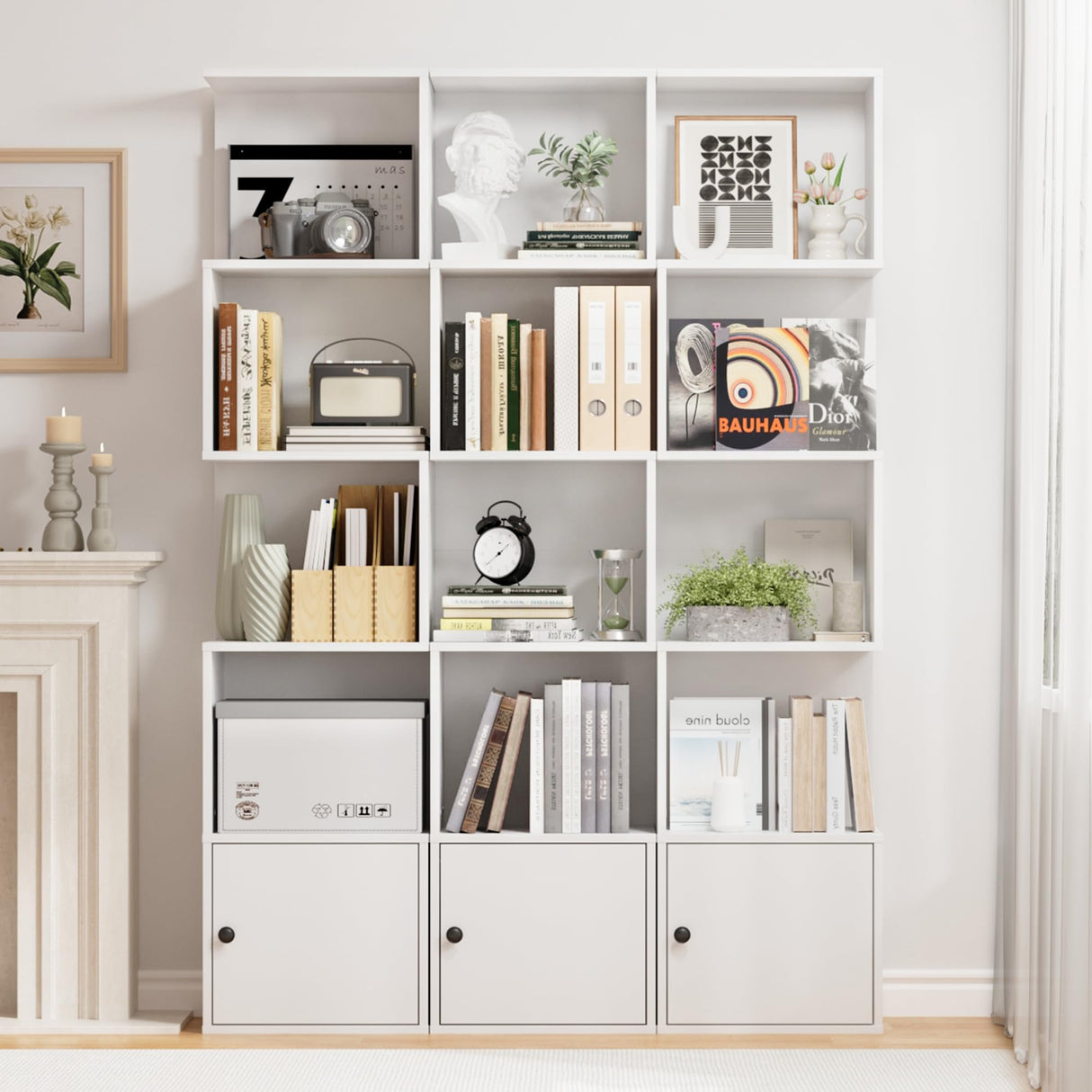 Furnify 5 Tier Bookshelf, 67" Tall S Shaped Bookcase with Door, Modern Open Book Shelf Standing Unit, Room Divider, Freestanding Wood Display Shelf for Living Room, Office, White Furnify