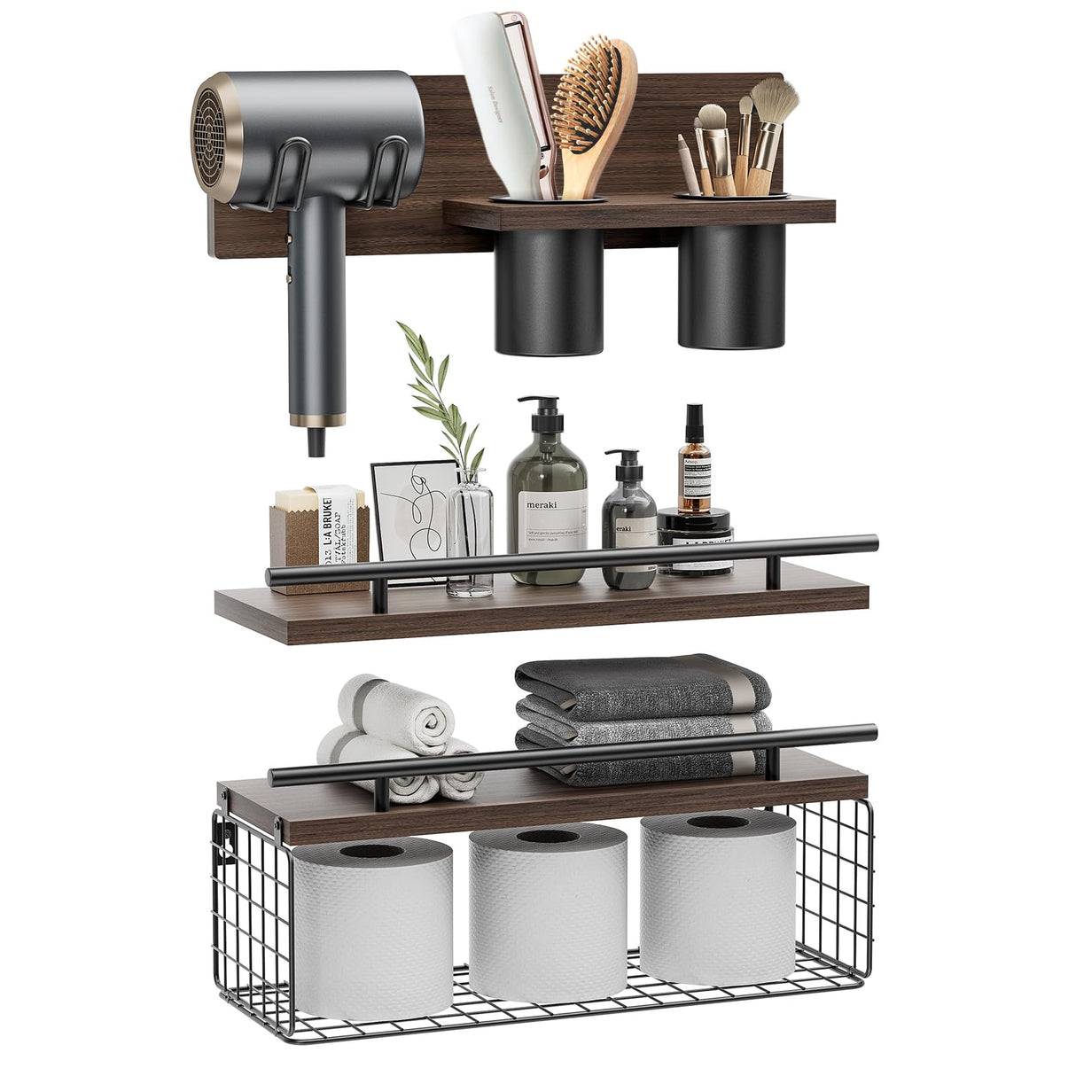 RoleDes Bathroom Floating Shelves with Hair Dryer Holder - Wall Mounted Wood Wall Shelf with Blow Dryer Storage Over The Toilet - Set of 3 Rustic Brown Farmhouse Decor RoleDes