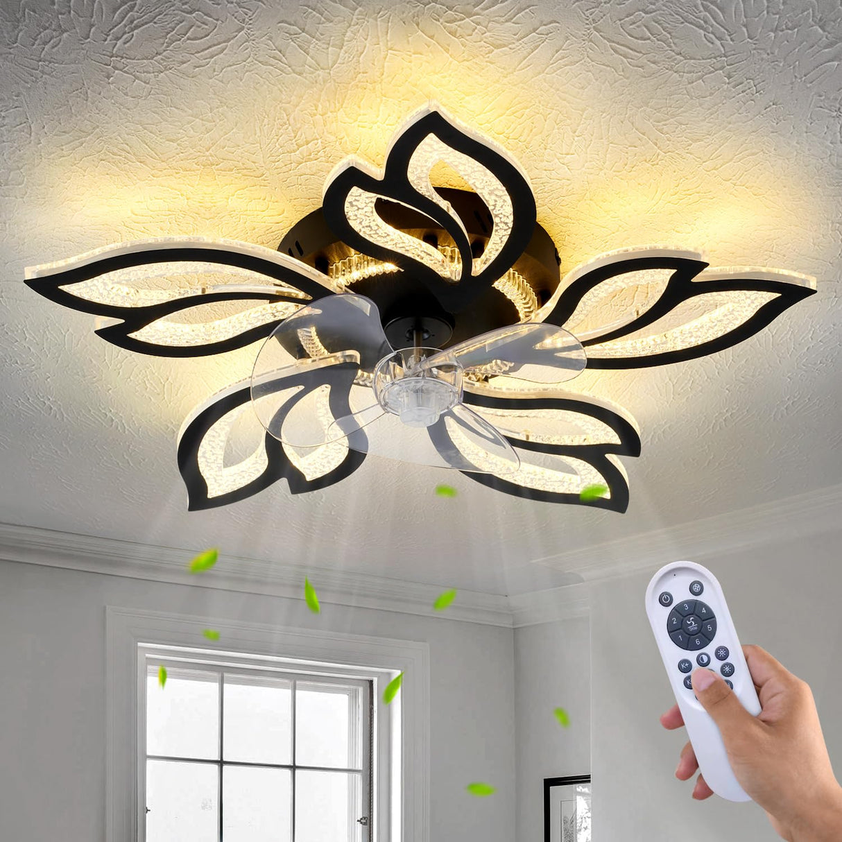 haodengshi 25" Ceiling Fan with Lights and Remote Control, Black Geometric Ceiling Fan with Lights, 3 Light Color 6 Speeds Flush Mount Low Profile Ceiling Fan for Bedroom Kitchen haodengshi