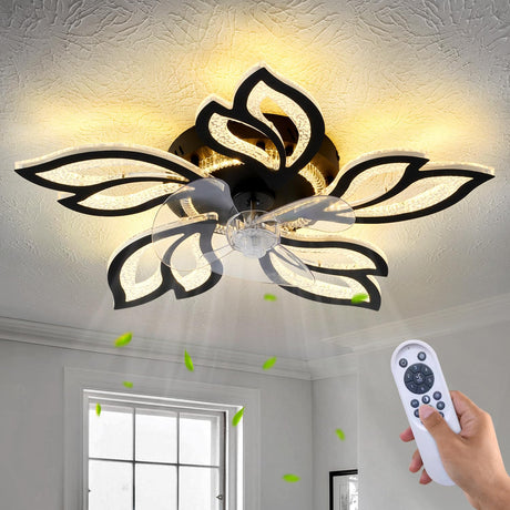 haodengshi 25" Ceiling Fan with Lights and Remote Control, Black Geometric Ceiling Fan with Lights, 3 Light Color 6 Speeds Flush Mount Low Profile Ceiling Fan for Bedroom Kitchen haodengshi