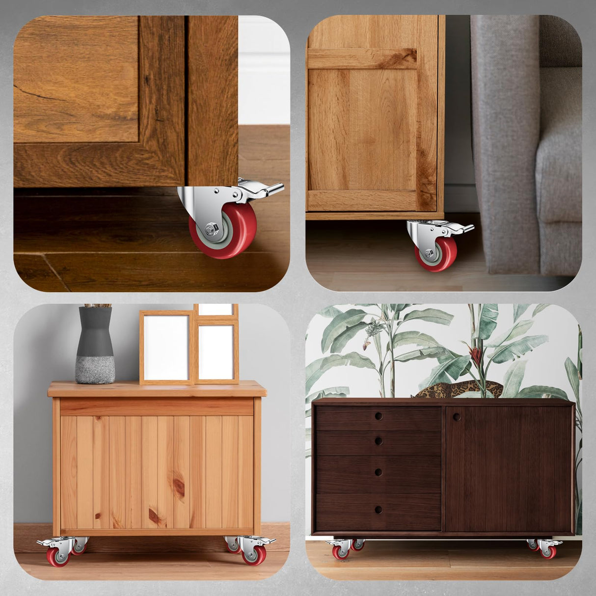 2 Inch Caster Wheels, Casters Set of 4, ASHGOOB Red Polyurethane (PU) Casters with Brake Heavy Duty, Industrial Locking Swivel Top Plate Castor Wheels for Workbench/Furniture/Cart ASHGOOB