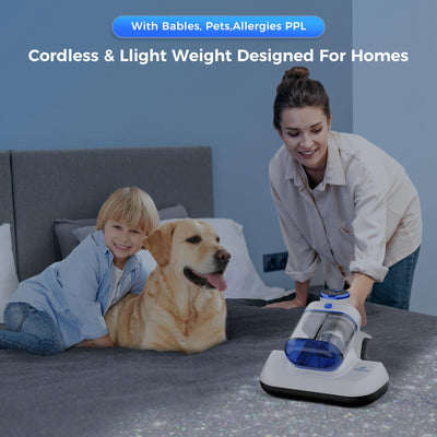 Bed Vacuum Cleaner -Cordless Mattress Vacuum Cleaner with 253.7nm UV-C Light & 16 Kpa Strong Suction.HEPA Filter,Widened Suction Port, Low Noise,Suitable for Dust, Pet Hair, Etc