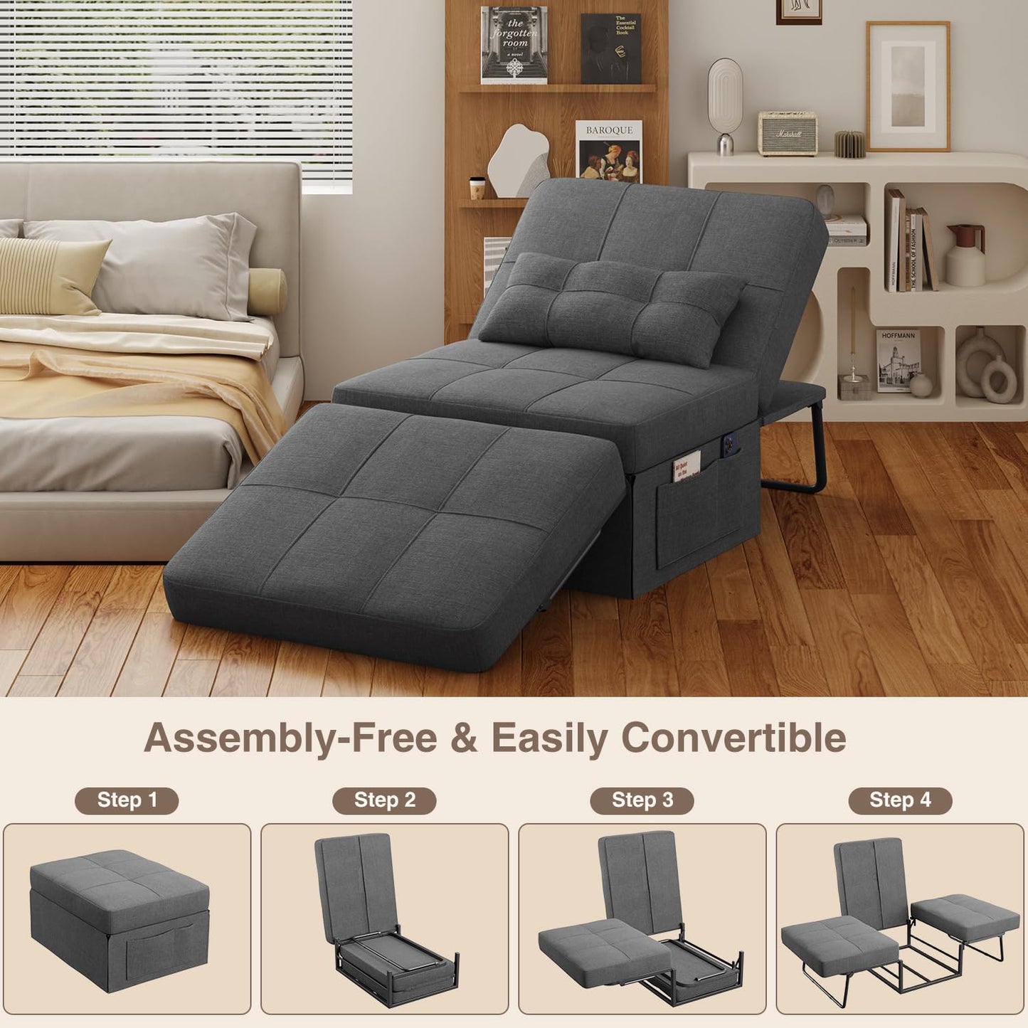 Sleeper Chair Bed, 4 in 1 Convertible Chair Bed Sofa Bed, Assembly-Free Sofa Chair Bed with Adjustable Backrest and Pillow, Modern Breathable Linen Fabric for Living Room Apartment Office, Dark Grey