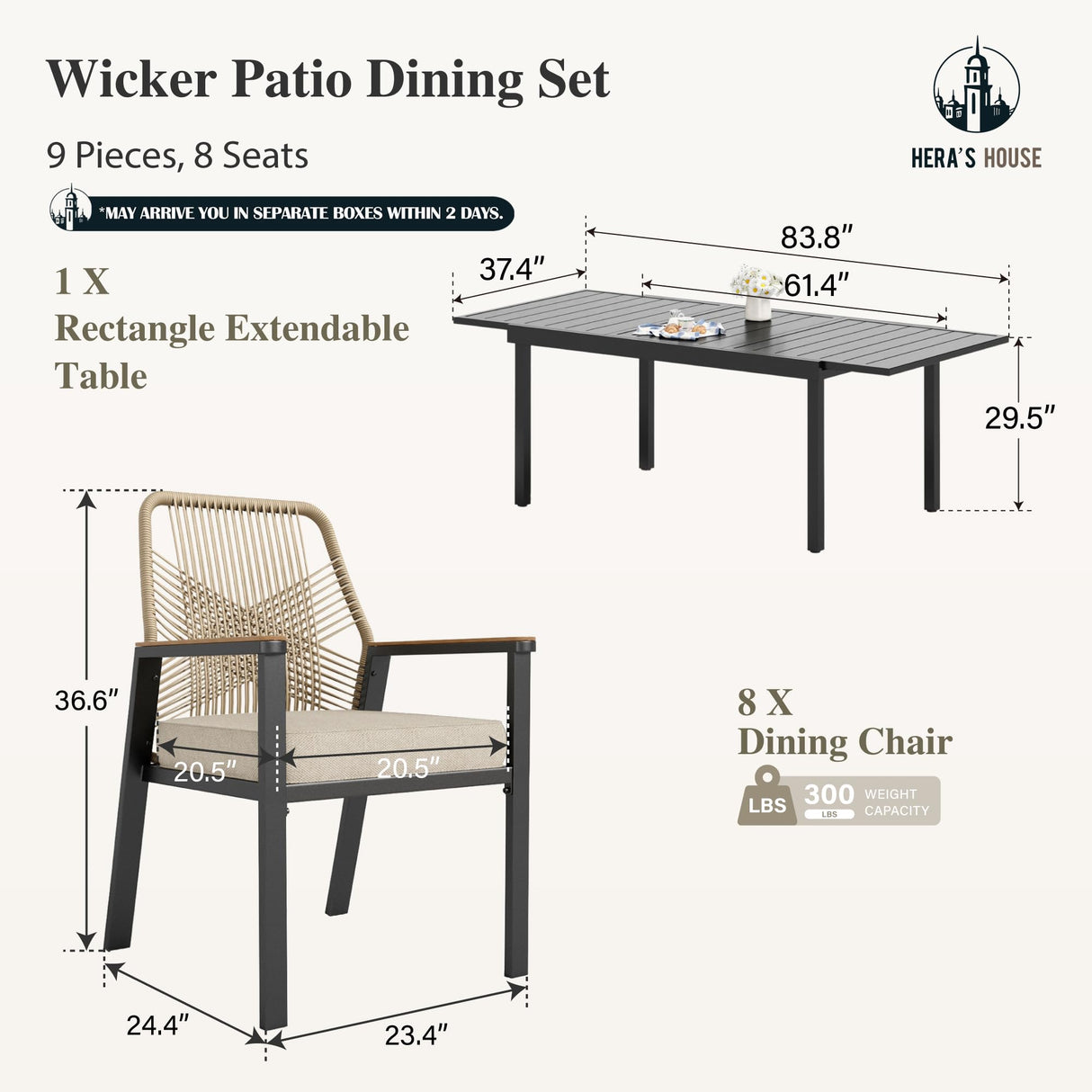 HERA'S HOUSE 9 Pieces Patio Table and Chairs Set, Outdoor Dining Set for 8, 8 x Cushioned Rattan Patio Chairs and 1 x Extendable Dining Table, Outdoor Rattan Dining Table Set for Lawn Garden Backyard HERA'S HOUSE