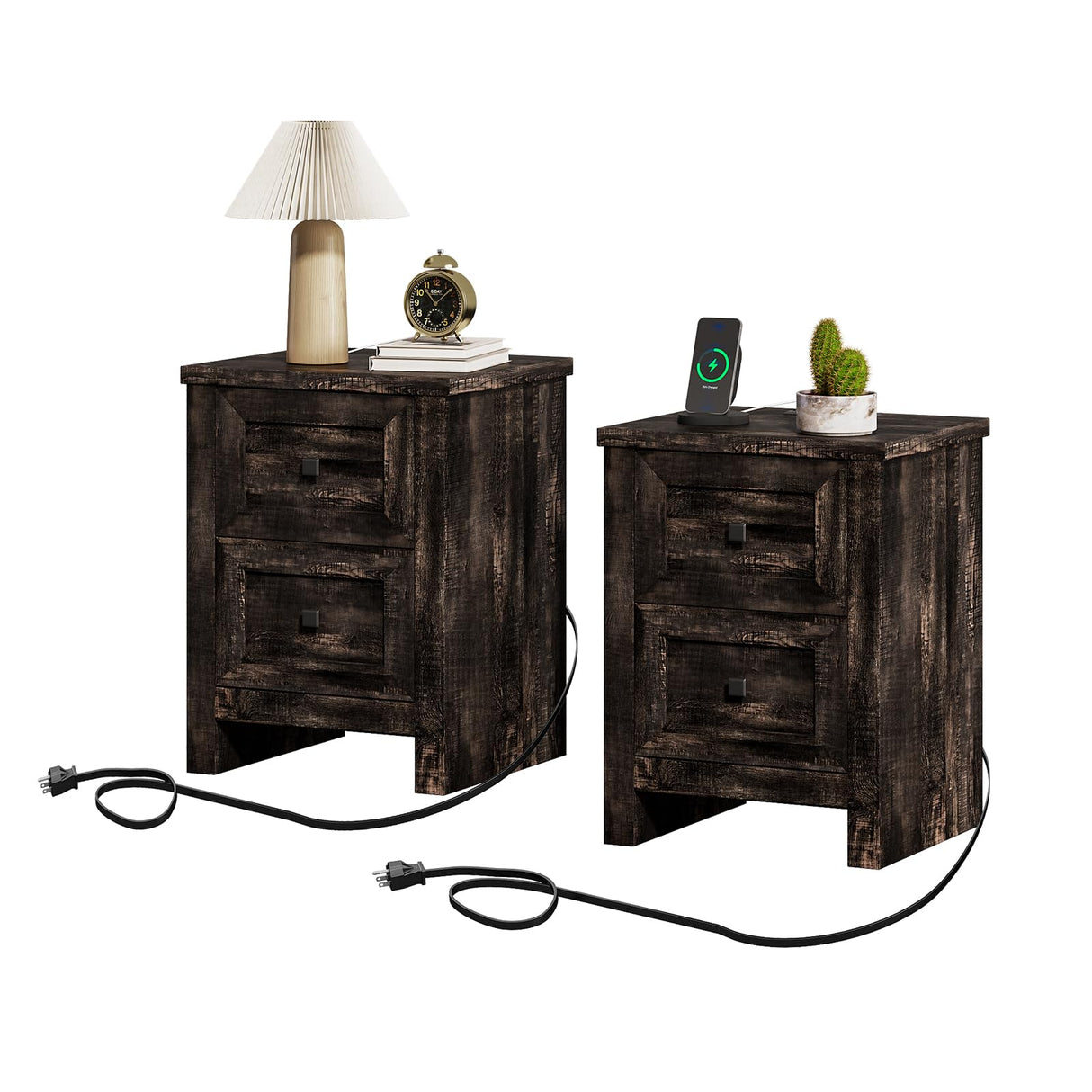 LUXOAK Nightstand Set of 2 with Charging Station, Farmhouse End Table with 2 Drawers Storage Cabinet, Rustic Wood Sofa Side Table for Bedroom, Living Room, Office, Dark Rustic Oak LUXOAK