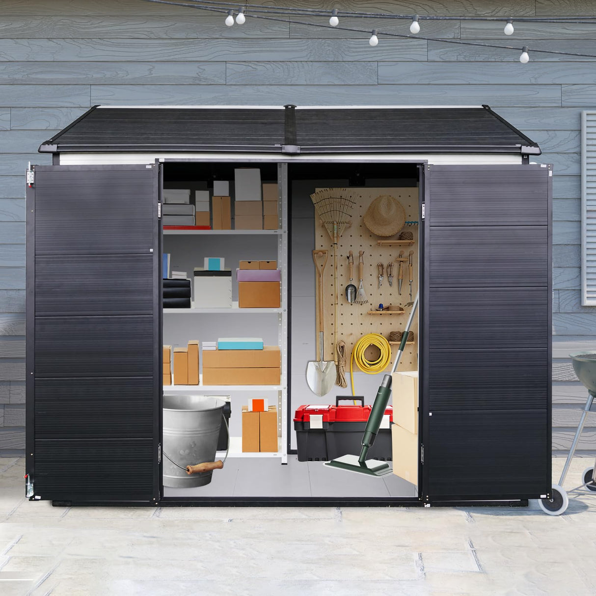8x6 FT Outdoor Storage Shed, Resin Garden Shed with Thick Floor, Plastic Storage Shed with 2 Windows, Waterproof Outside Tool Shed with Lockable Hinged Doors for Backyard, Patio, Lawn, Black+White BNSPLY