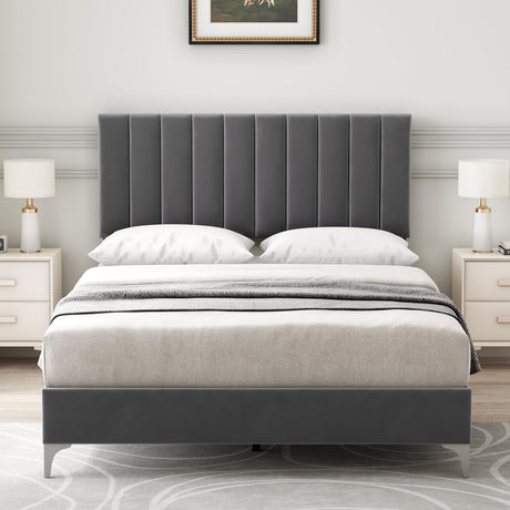 IDEALHOUSE Full Size Bed Frame with Adjustable Headboard, Velvet Upholstered Platform Bed Frame with Strong Wooden Slats, Non-Slip and Noise-Free, No Box Spring Needed, Easy Assembly, Grey IDEALHOUSE