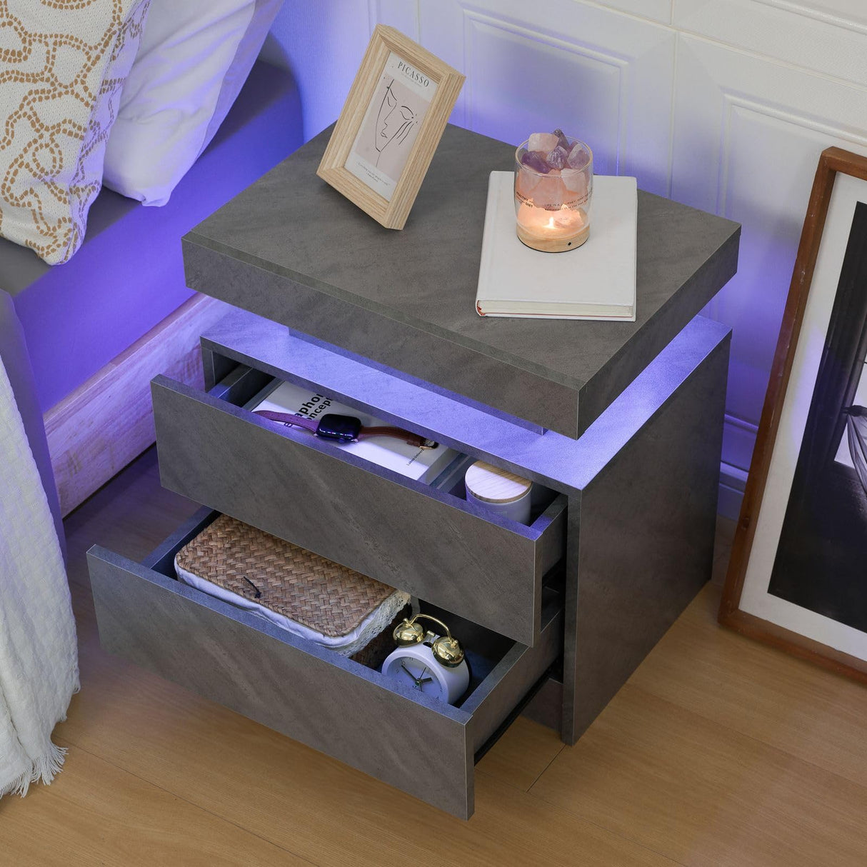 Bingoday LED Night Stand Set of 2 Bedside Tables with 2 Drawers Modern LED End Side Tables Bedroom Nightstands Bingoday