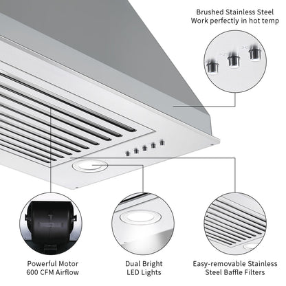 Zomagas Range Hood Insert 24 inch, Built in Kitchen Hood 600CFM, Ducted/Ductless Convertible Stove Hood with Stainless Steel Baffle Filter, Vent Hood Insert w/ 3 Speed Fan, 2PCS Replaceable LED Lights